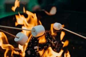 Three marshmallows on skewers, toasting on a fire.