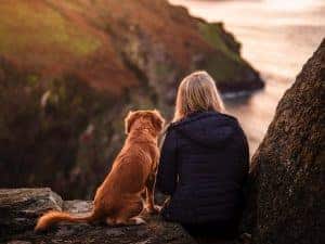 A blonde haired woman and her auburn dog sit atop a rock ledge, gazing out to the sea.