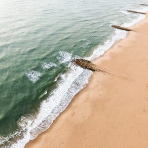 An aerial view of a coastline.