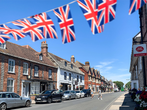 Wareham, Dorset, with Union Jack bunting.
