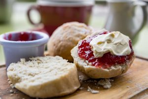 Cream tea with jam and scones.